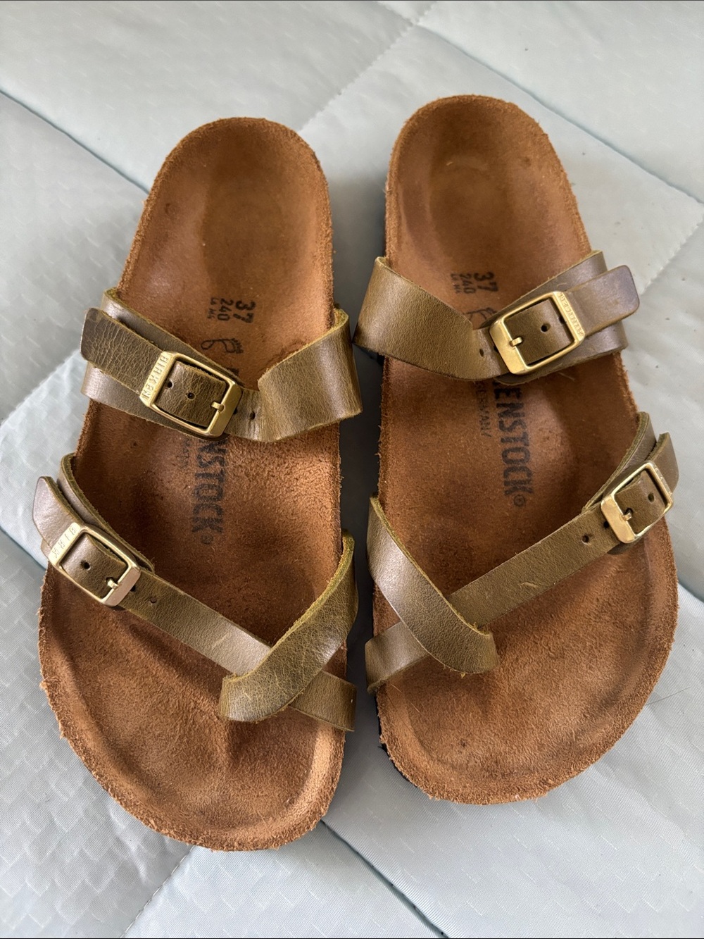 Birkenstock Olive Brown Leather Strappy Sandals with Gold Buckles